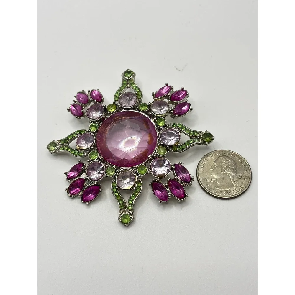 Sonoma Purple‎ Green Rhinestone Starburst Brooch Silver Tone Statement Pin